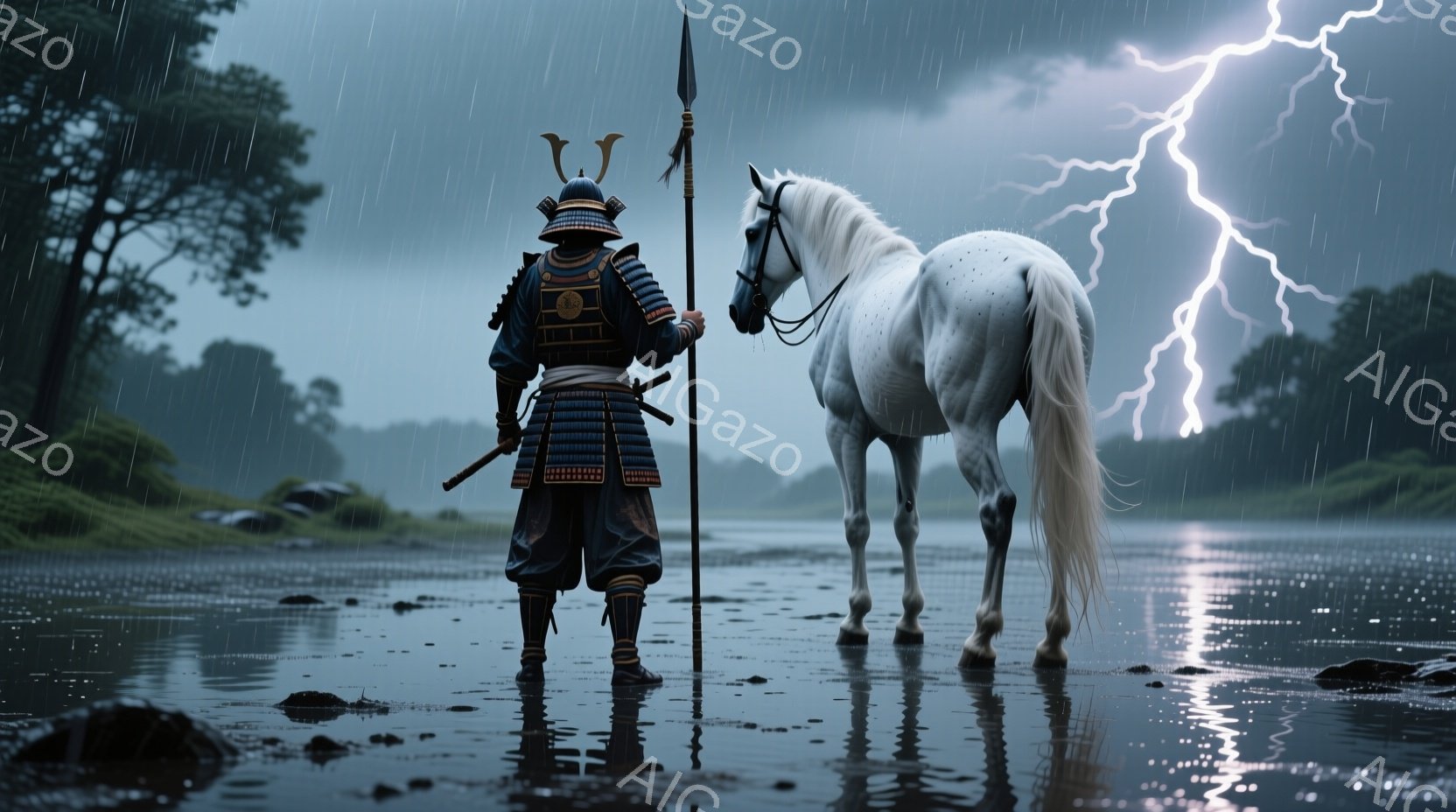 鎧を身に着けた武士が、水溜まりのある荒野に立ち、背中に長槍を担いでいます。背景には緑豊かな風景が広がり、激しい雨と稲妻が不気味な雰囲気を醸し出しています。白い馬が武士の隣に静かに立ち、共に嵐に立ち向かっているようです。