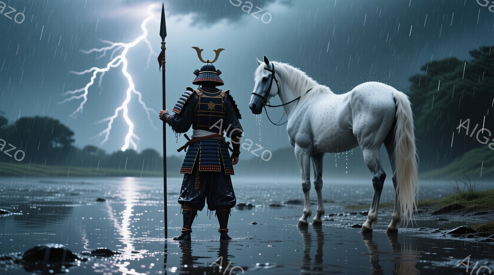 鎧を身に着けた武士が、浅瀬で槍を構え、背中を見せている。背景には白い馬が立ち、遠くには雷雲が広がり、激しい雨が降っている。全体的に、厳粛で不穏な、戦場を想起させる雰囲気である。