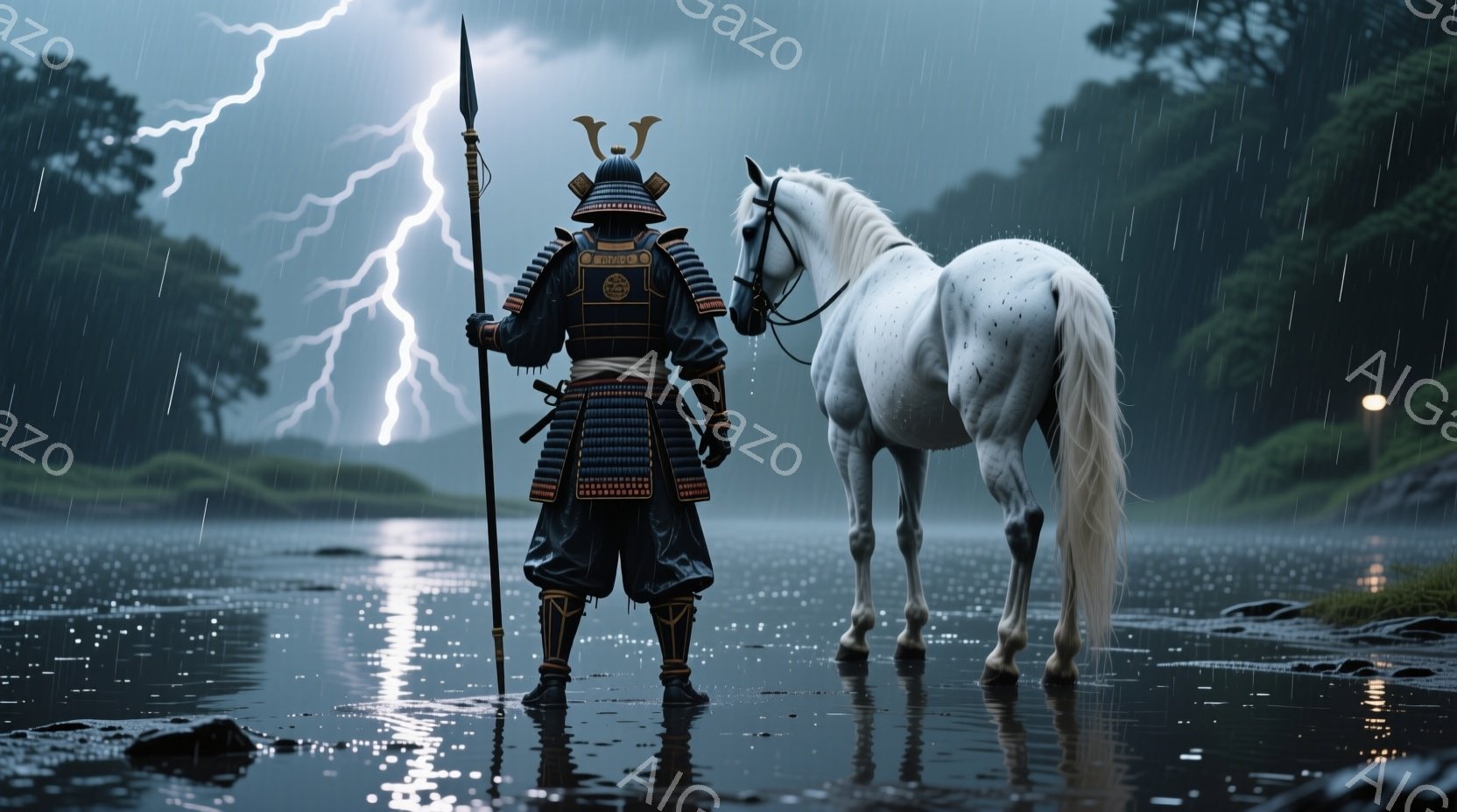 鎧を身につけた武士が、槍を手に水たまりの中に立っている。背景には雷雨が広がり、暗い森と薄暗い光がぼんやりと見える。白馬が武士の隣に立ち、静かに雨に打たれている。 - AI生成フリー素材