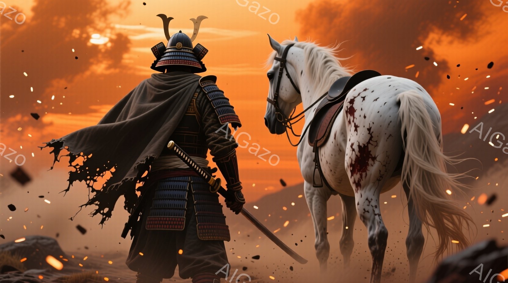 荒野に立つ武士が、血染めの白馬を背景に描かれている。武士は紺色の胴鎧と黒の袴を身につけ、兜を被っているため表情は窺えないが、構えは戦いの後の疲労と覚悟を感じさせる。燃えるような夕焼け空と舞う火花が、激戦を終えた武士の孤高な姿を際立たせ、力強い雰囲気を醸し出している。