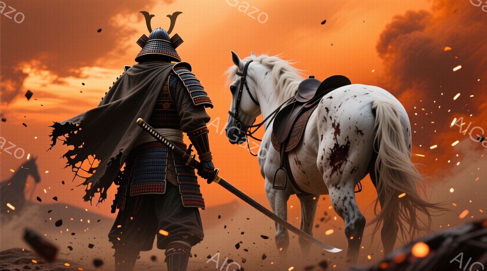 焼け爛れた戦場を背景に、兜を被った武士が血染めの馬と共に佇んでいる。武士は黒い鎧を身にまとい、肩にはボロボロになった旗が掛かっており、その姿は激戦を生き抜いた戦士であることを物語る。夕焼けのような赤みがかった空と、舞い散る火花が、戦いの激しさと武士の孤独な佇まいを強調している。