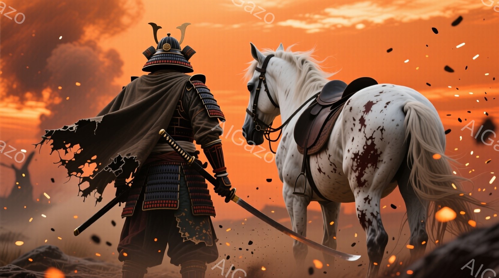 鮮やかな夕焼けを背景に、甲冑を身につけた武士と血に染まった白馬が描かれている。武士は後ろ姿で、兜を被り、背には破れた旗が飾られている。馬は戦いの激しさを物語るかのように血痕に覆われ、夕焼けと相まって、戦乱の世を生きる武士の孤独と不屈の精神を表現している。