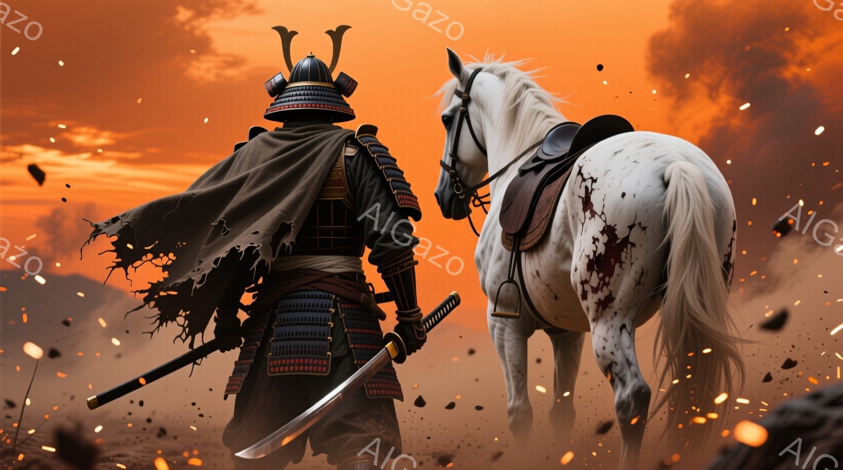 荒れ果てた戦場を背に、兜を被った武者が白馬と共に描かれている。武者は深緑色の鎧を身につけ、背中には黒い外套を羽織っており、腰には二本の刀を携えている。背景は燃え盛る夕焼け空と、舞い散る灰と硝煙で覆われ、激戦の後の荒涼とした雰囲気を醸し出している。