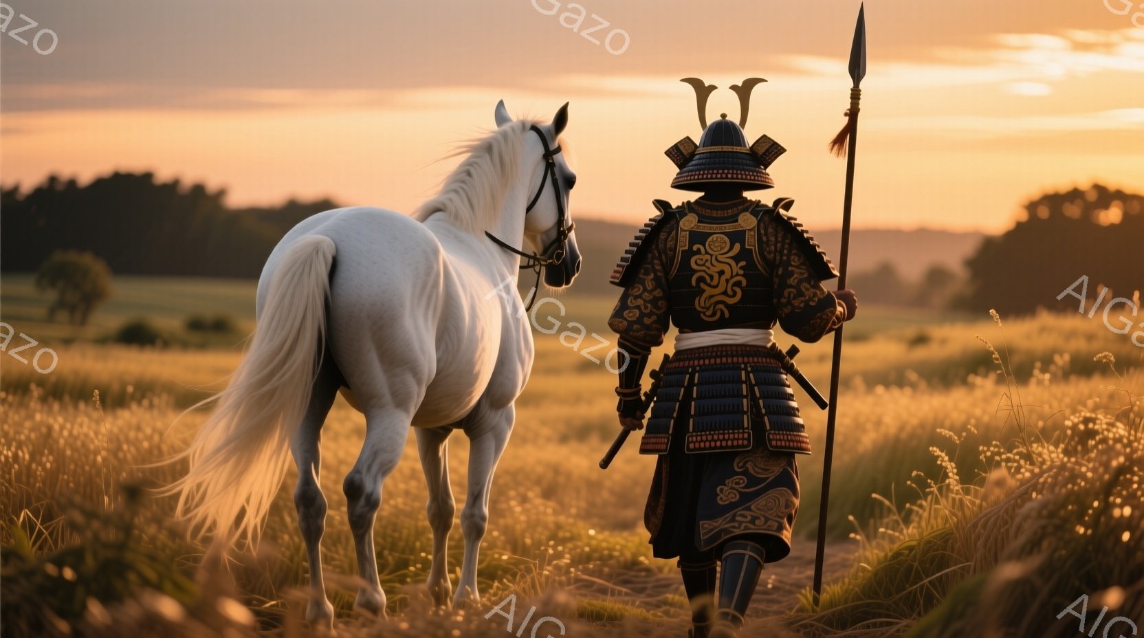 背の高い草地に、武士姿の人物と白馬が歩いている。武士は黒と紺色の鎧を身につけ、背中に槍を背負っており、姿勢はまっすぐで威厳がある。夕焼けの空と黄金色の草地が広がり、穏やかで力強い雰囲気を醸し出している - AI生成フリー素材