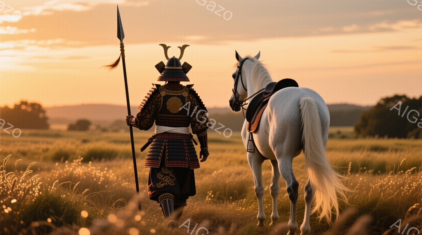 甲冑を身につけた武者が、白馬と共に黄金色の草原を歩いている。夕暮れ時の柔らかな光が彼らを照らし、背景には遠くの山々がぼんやりと見える。武者の姿勢は凛々しく、どこか憂いを帯びており、静かで荘厳な雰囲気が漂っている。