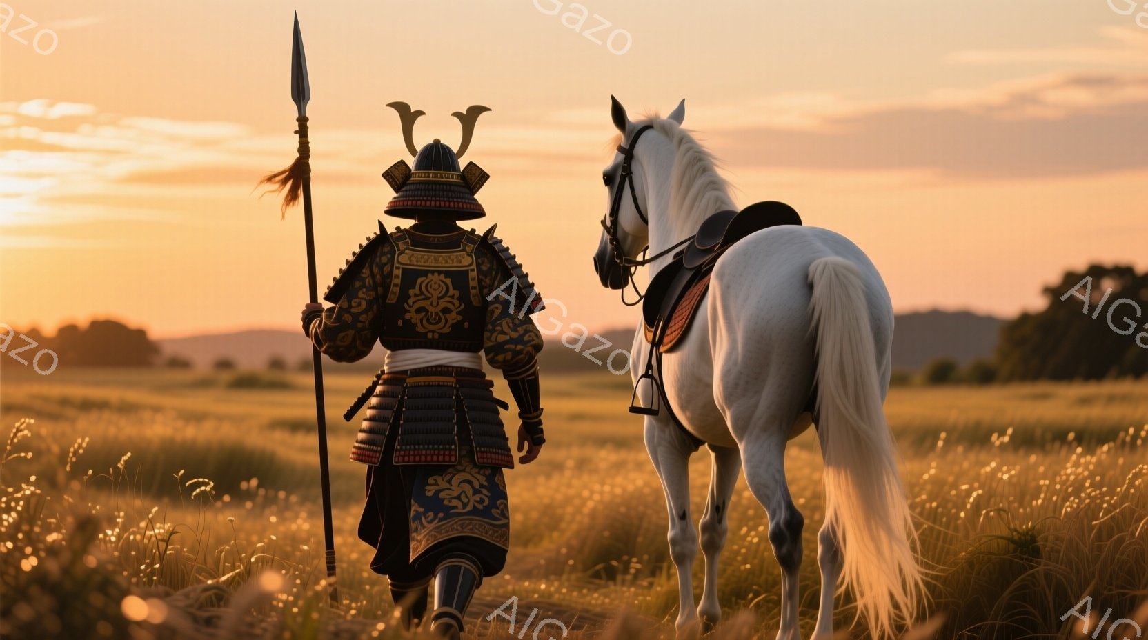 黄金色の夕焼けに照らされた草原を、甲冑を身につけた武者が白馬に乗って進んでいる。武者は黒と濃い青の精巧な鎧をまとい、黒い兜には金色の装飾が施されている。周囲は背の高い草で覆われ、遠くには穏やかな丘が見える、力強くも静謐な雰囲気が漂う。