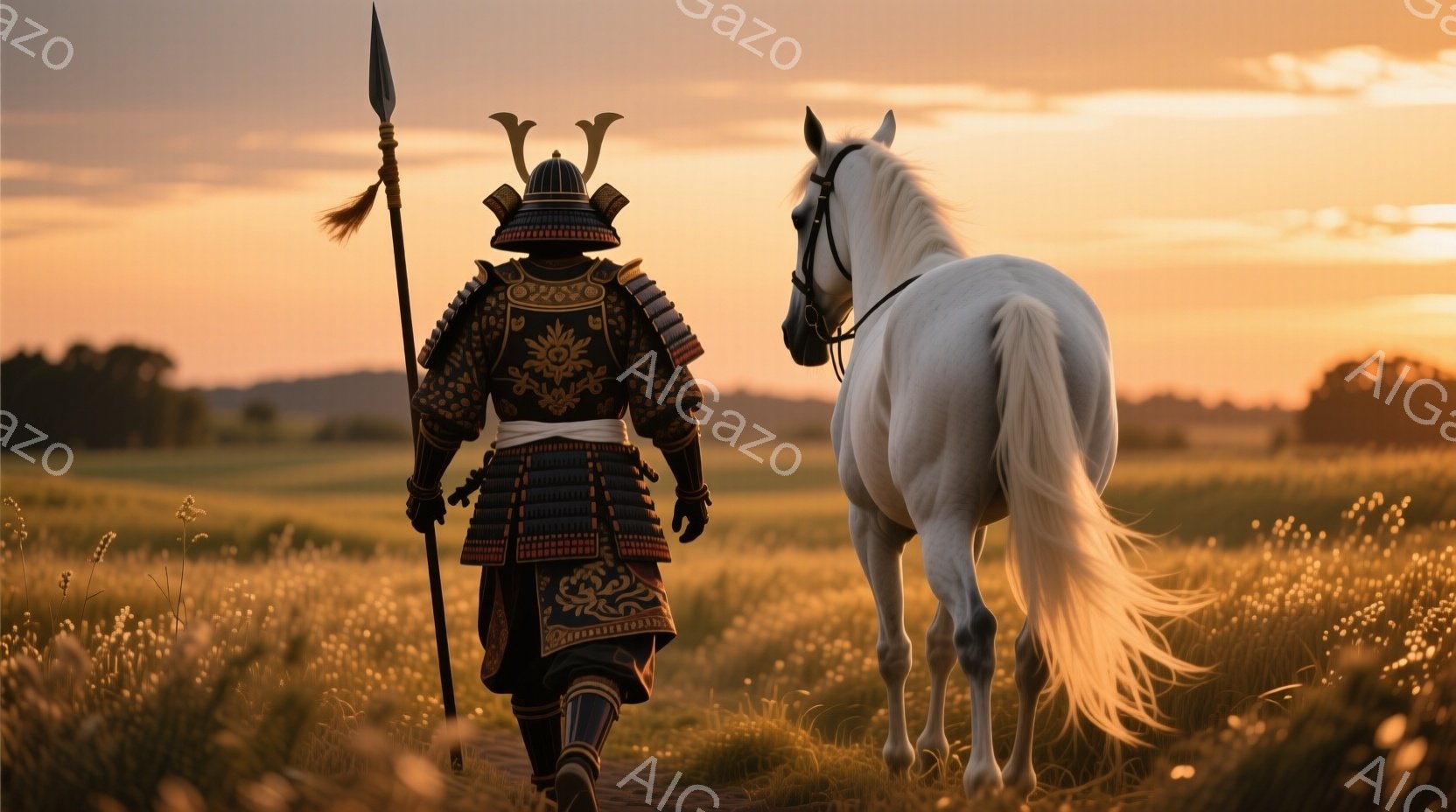 黄金色の夕焼けを背景に、甲冑を身につけた武士と白馬が草原を歩いている。武士は背中に大きな陣笠をつけ、黒と金色の美しい装飾が施された甲冑をまとい、手には槍を持っている。草原は背の高い草で覆われ、夕焼け空が温かく、荘厳な雰囲気を醸し出している。