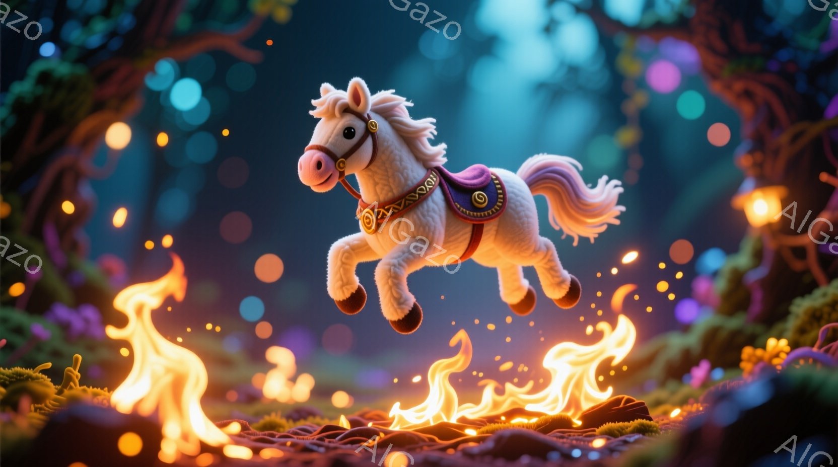 白い馬が炎の上を飛び跳ねています。馬は美しいたてがみと尾を持ち、首には装飾が施されたハーネスを身につけています。背景は濃い紫色の木々と、さまざまな色の光の粒で満たされており、幻想的で神秘的な雰囲気を醸 - AI生成フリー素材