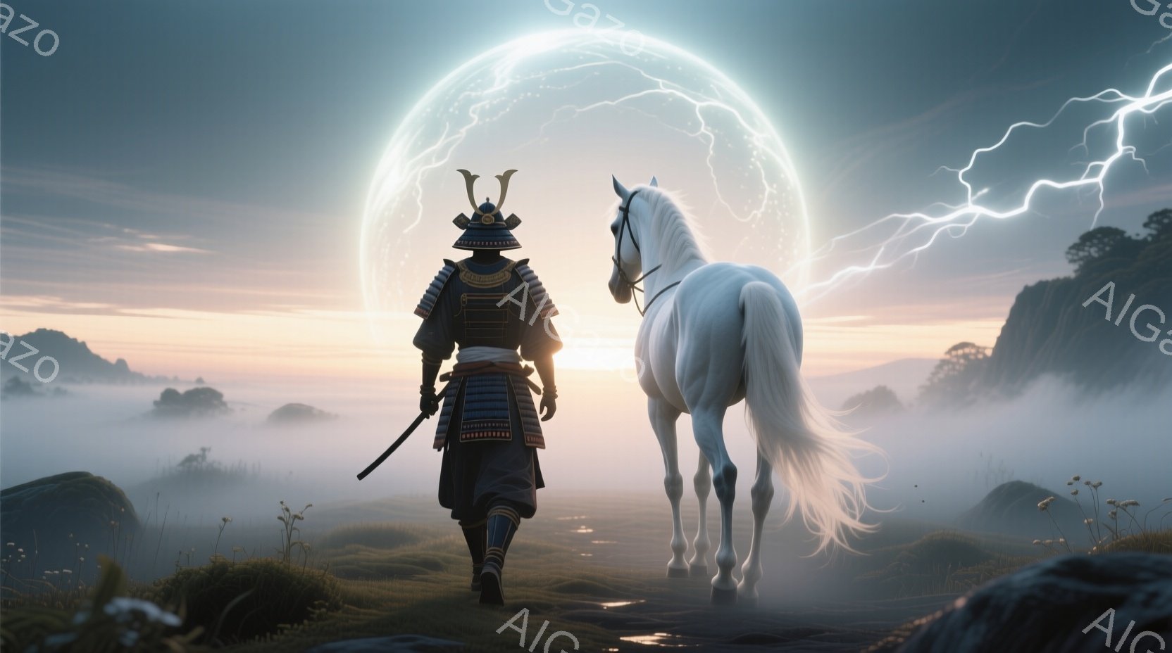 鎧兜を身に着けた武士が、白馬と共に霧深い草原を歩いている。背景には、ぼんやりとした山々が浮かび、巨大な満月が稲妻に照らされている。全体的に荘厳で神秘的な雰囲気が漂い、武士の背中と白馬の姿が力強く印象的である。