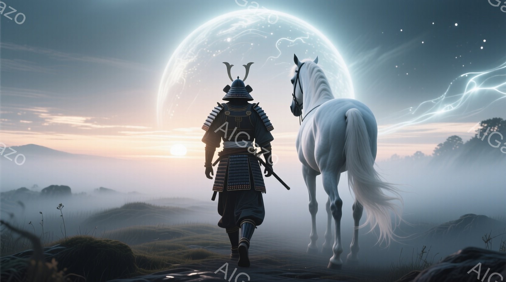 鎧を身につけた武士が、白い馬と共に霧深い丘を歩いている。背景には巨大な光輪のような円が浮かび、空には薄い雲が広がっている。 全体的に静かで神秘的な雰囲気が漂い、武士の背中は力強く、決意に満ちているよう - AI生成フリー素材