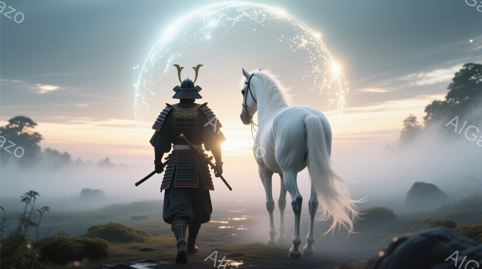 鎧を身につけた武者が、白い馬と共に霧深い道を歩いている。武者は背中を向けており、兜と肩当てが特徴的で、腰には二本の刀を帯びている。背景は霧に包まれ、遠くに木々が見え、頭上には光り輝く環状のオーラが漂い、幻想的な雰囲気を醸し出している。