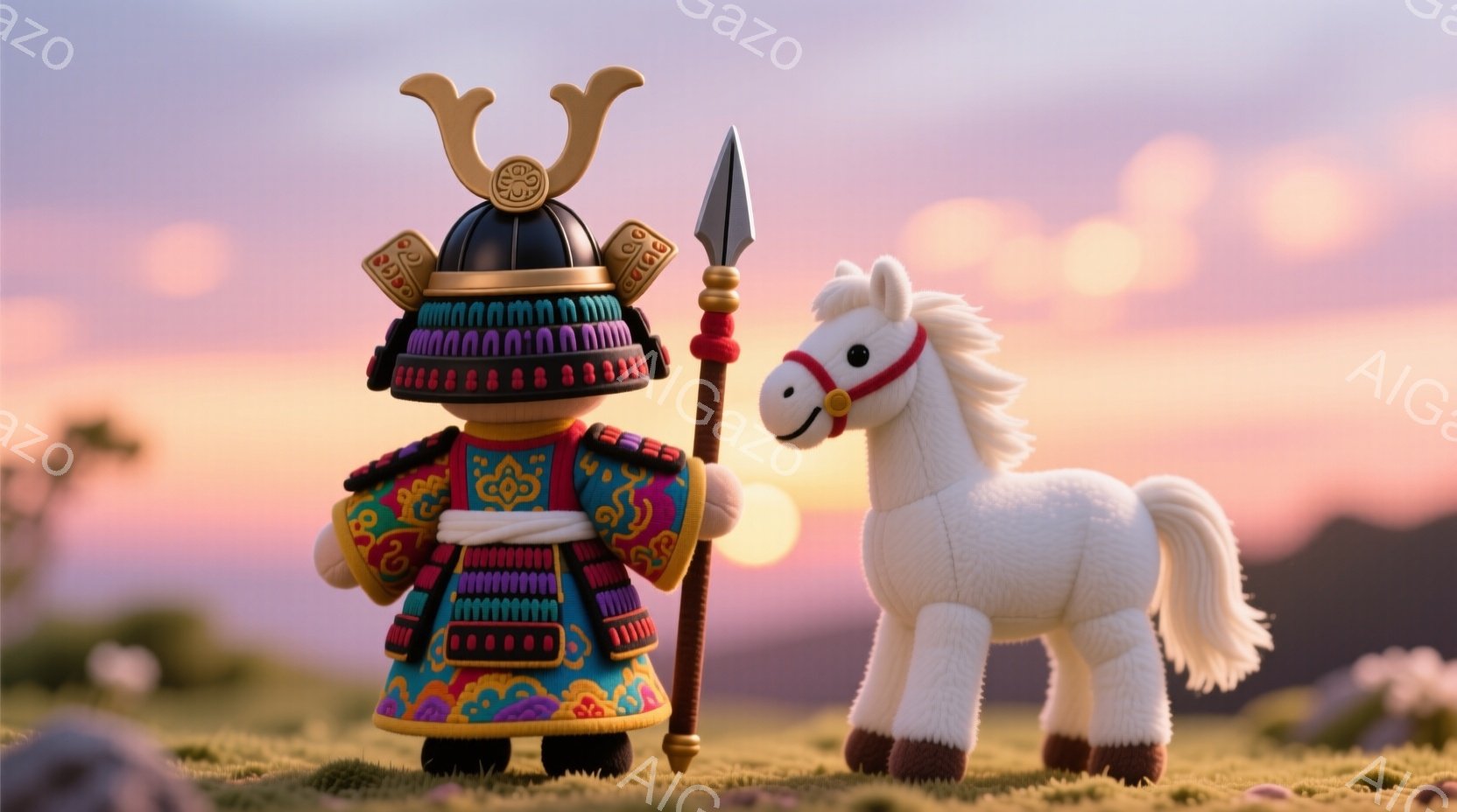 鎧を身につけた小さな武士の人形が、白い馬の人形と共に草原に立っている。武士は豪華な装飾が施された兜を被り、手に槍を持っている。背景には、夕焼けに照らされた山々と、柔らかい光に包まれた空が広がり、穏やかで幻想的な雰囲気を醸し出している。