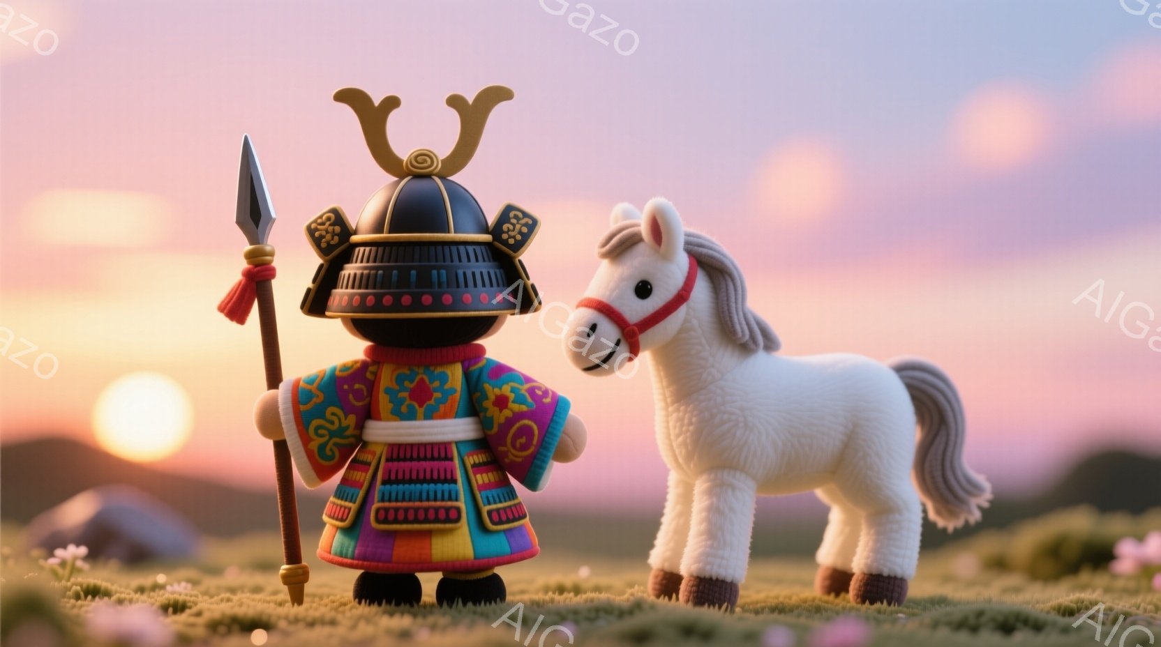 甲冑を身につけた小さくて愛らしい武士と、白い馬が描かれています。武士は鮮やかな色の鎧を着ており、背中に赤い飾りが付いた兜を被っています。背景には、ピンク色の花が咲き乱れる草原と、夕焼け空が広がっており、温かく幻想的な雰囲気を醸し出しています。