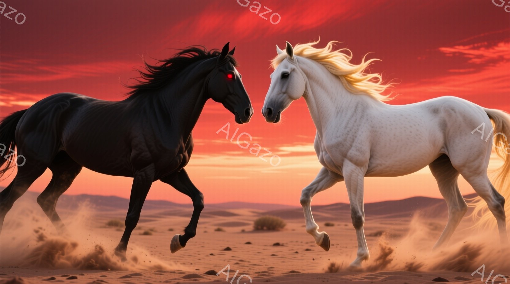 黒い馬と白い馬が砂漠を疾走している。馬たちは力強く前進しており、足元には砂埃が舞い上がっている。背景は夕焼けのような赤い空と、まばらに生えた灌木のある砂漠で、力強い躍動感と神秘的な雰囲気が漂っている。 - AI生成フリー素材