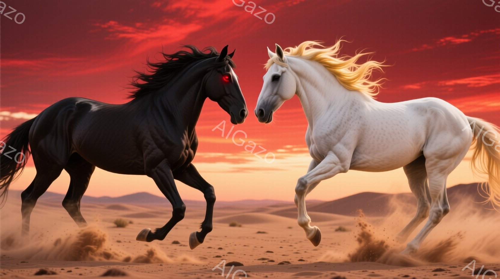 黒馬と白馬が砂漠を疾走している。馬たちは空中で脚を高く上げ、砂埃を巻き上げながら、互いに向かい合っているような勢いで走っている。背景はオレンジと赤の夕焼け空と砂漠の風景で、力強く、ドラマチックな雰囲気 - AI生成フリー素材