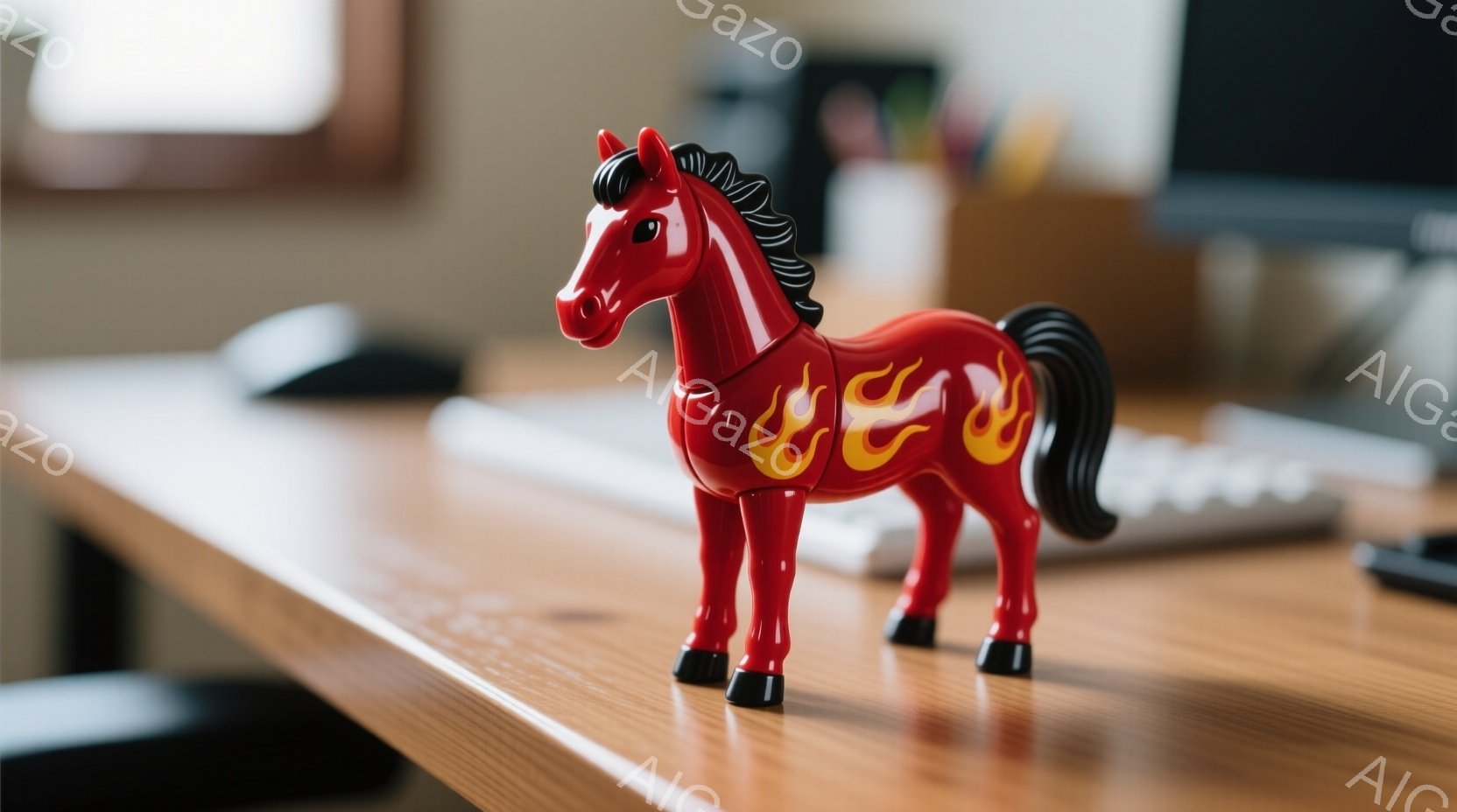 鮮やかな赤色のプラスチック製のおもちゃの馬が、木製の机の上に立っている。馬の側面には炎の模様が描かれており、黒色のたてがみと脚が特徴的だ。背景には、ぼやけたコンピューターモニターやオフィス用品が見え、室内で撮影されたことがわかる。