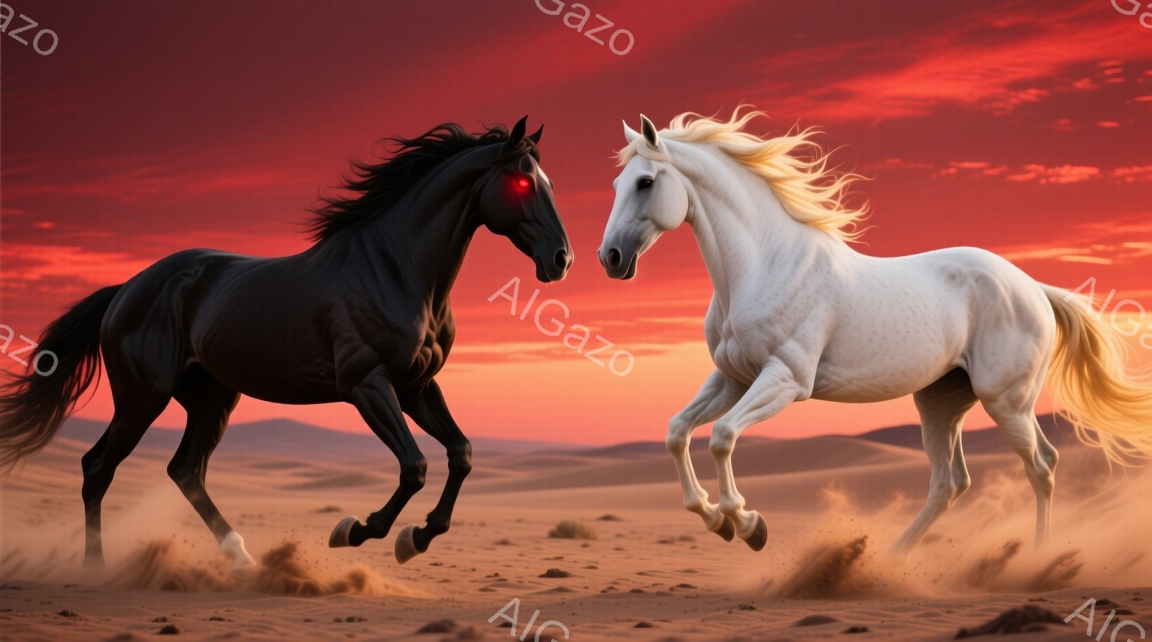 砂漠を舞台に、漆黒の馬と純白の馬が疾走している。黒馬は血のような赤い瞳で正面を見据え、白馬は力強く前へ踏み出している様子が描かれ、土埃が舞い上がっている。燃えるような夕焼け空が背景に広がり、力強く対峙 - AI生成フリー素材