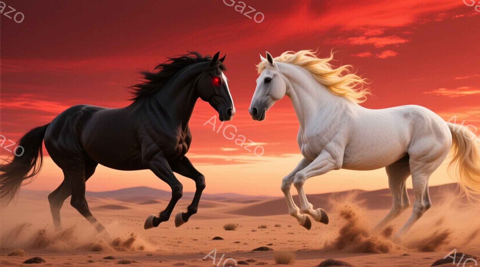 広大な砂漠地帯で、一頭の黒馬と白馬が互いに向き合って疾走している。黒馬は血のような赤い目を持ち、白馬はたてがみをなびかせながら力強く大地を蹴っている。夕焼けのような赤とオレンジ色の空が、この対決のドラマチックな雰囲気を強調している。