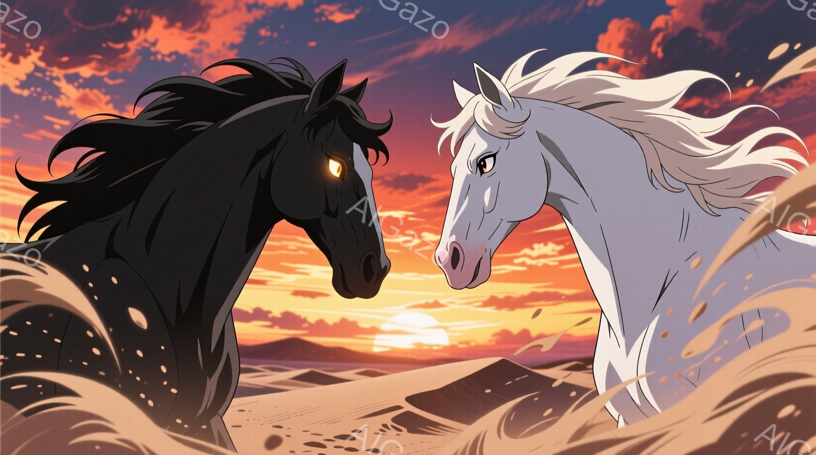 黒い馬と白い馬が砂漠を疾走している様子が描かれている。二頭の馬は互いに向き合い、力強い表情で、まるで対決のような構図となっている。背景には夕焼け空が広がり、砂漠の地形と相まって、ドラマチックで力強い雰囲気を醸し出している。
