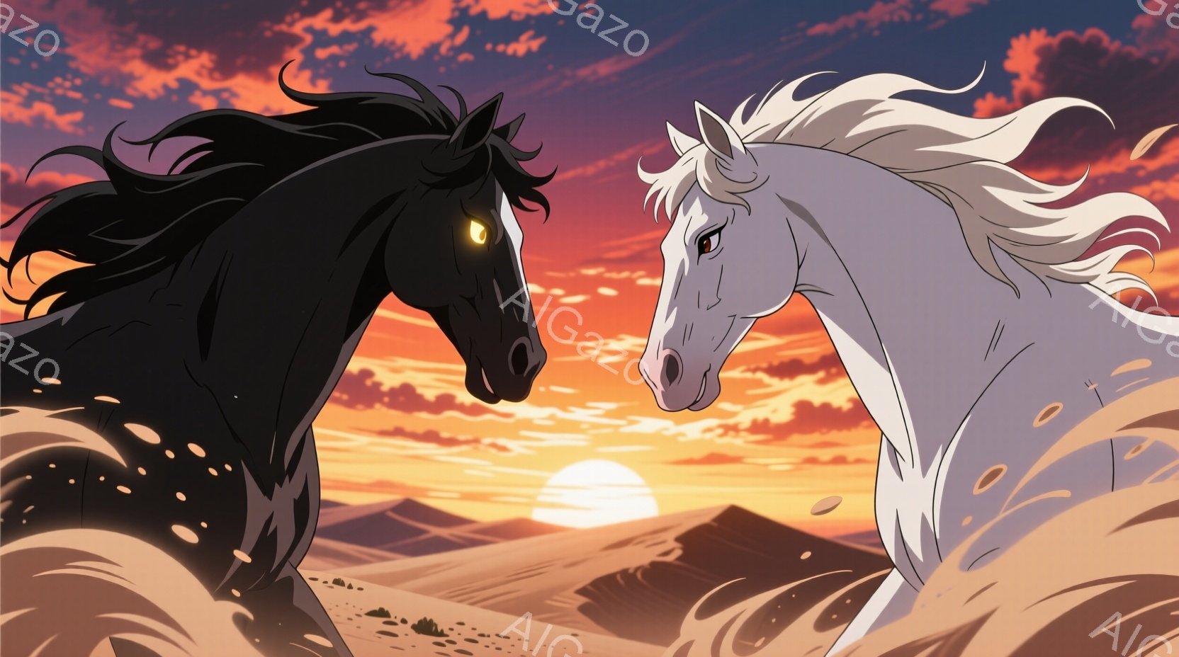 燃えるような夕焼けを背景に、黒い馬と白い馬が砂漠を駆けている。両馬ともたてがみをなびかせ、力強く前進する姿は、対照的な色合いが強調され、まるで光と闇がぶつかり合うかのようだ。砂漠には穏やかな山々が連なり、空はオレンジと赤のグラデーションで染まり、神秘的でドラマチックな雰囲気を醸し出している。