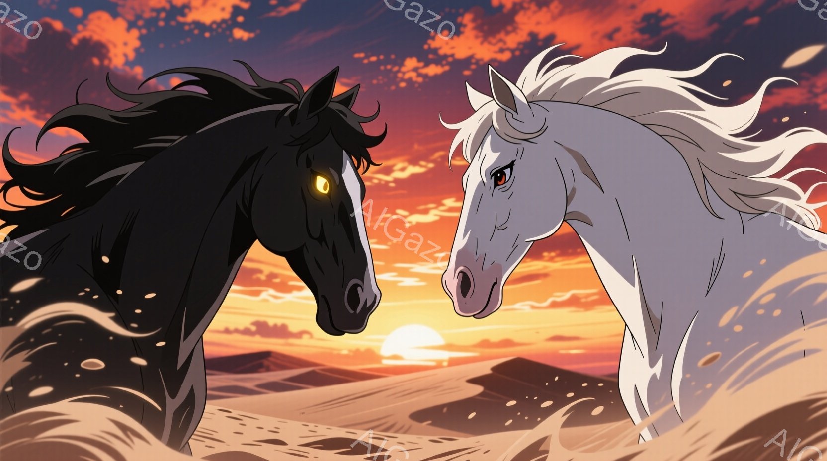 砂漠を背景に、黒い馬と白い馬が互いに向き合い、疾走している様子が描かれている。黒い馬は金色の瞳を持ち、白い馬は赤い瞳を持ち、それぞれ力強い表情を見せている。背景は夕焼け空と砂丘が広がり、ドラマチックで力強い雰囲気を醸し出している。