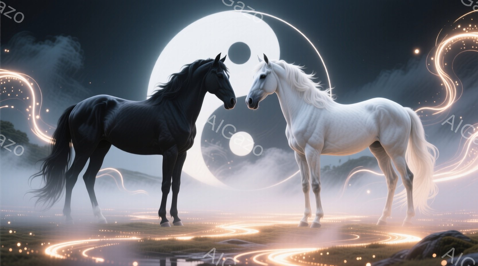 真っ黒な馬と純白の馬が、互いに向き合って立っている。背景には巨大な陰陽図が浮かび、足元には光の帯が絡み合うように広がっている。全体的に幻想的で神秘的な雰囲気を醸し出しており、夜空と霧に包まれた静謐な空 - AI生成フリー素材