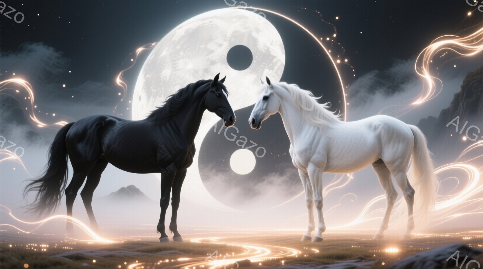 黒と白の二頭の馬が、霧と光の渦巻く草原で互いに向き合っている。背景には太極図が浮かび、周囲には星が散りばめられた幻想的な夜空が広がっている。馬たちは静かで神秘的な雰囲気を醸し出し、光と闇の調和を表しているようだ。