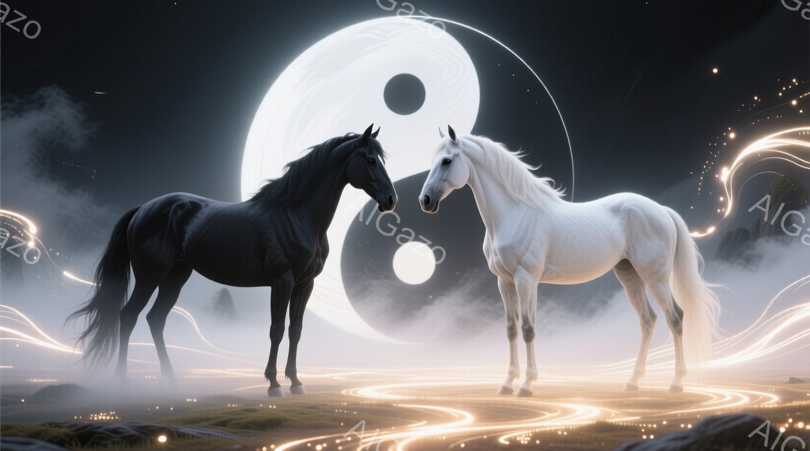 真っ黒な馬と純白の馬が、夜空を背景に互いに向き合って立っている。馬たちの後ろには大きな陰陽のマークが浮かび、足元には光の線が渦巻くように広がっている。幻想的で神秘的な雰囲気を醸し出し、まるで世界のバランスを象徴しているかのようだ。