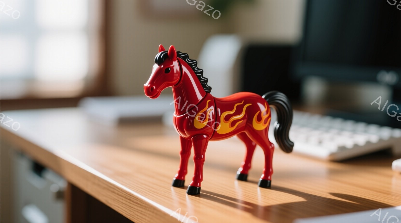 赤色のプラスチック製の馬のおもちゃが木の机の上に立っている。馬の側面には炎のような模様が描かれており、黒いたてがみと尻尾が特徴的だ。背景には、ぼやけたコンピューターモニターとキーボードが見え、室内で撮影されたことを示している。