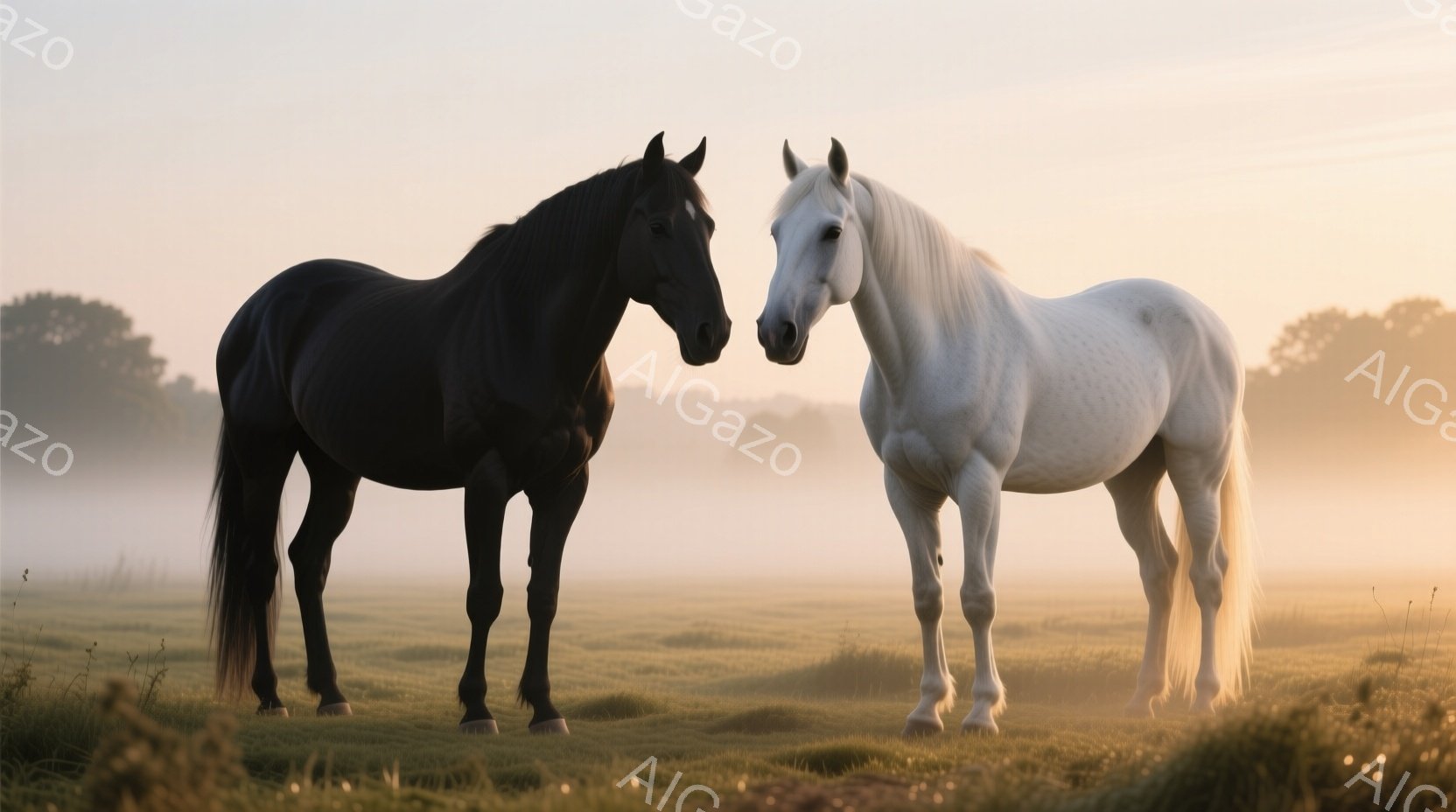濃い緑の草の上に、黒い馬と白い馬が並んで立っている。朝霧が立ち込め、背景はぼやけているが、遠くには木々が見える。全体的に穏やかで幻想的な雰囲気で、馬たちは静かに何かを見つめているようだ。