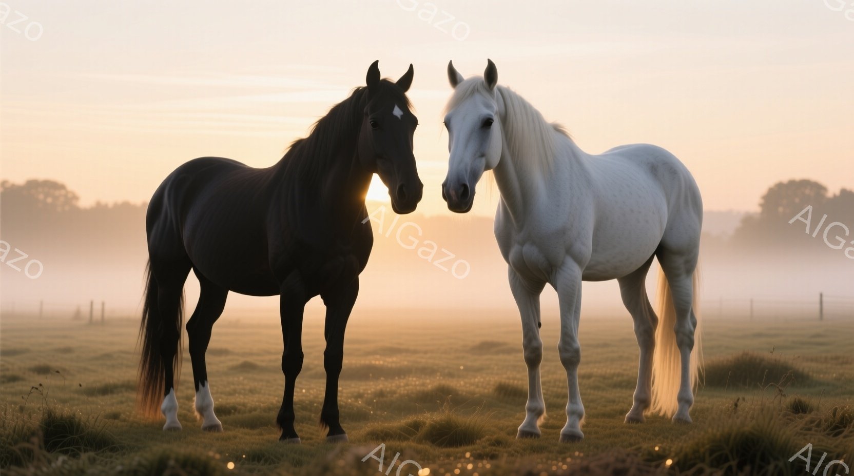黄昏時に撮られた、草原に並んだ馬と馬の雰囲気を表現しています。2つの馬が対面で仕事になっており、それぞれは黒色と白色のマッチングのペイントで装飾されていることがわかります。背景の空は曙光の焦点によって対立的な明るさを示し、雲も見えているようです。全体として、安らかで平和的な雰囲気が表現されています。