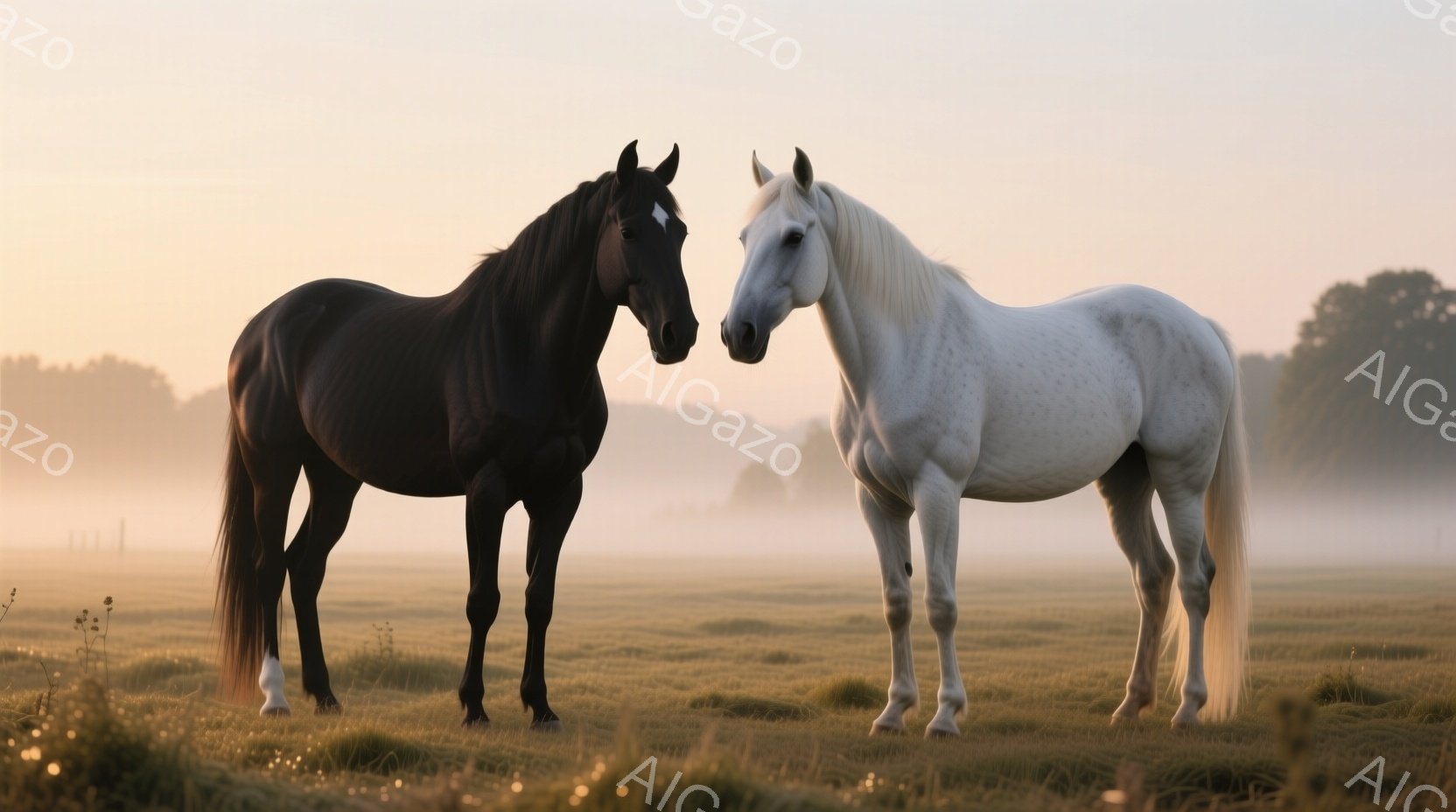 濃い茶色の馬と白い馬が、朝霧に包まれた草原で顔を寄せ合っている。朝日の光が草原を照らし、馬のシルエットを際立たせ、穏やかで幻想的な雰囲気を醸し出している。背景には霞んだ木々が見え、馬たちは静かに寄り添い、平和な時間を過ごしているようだ。