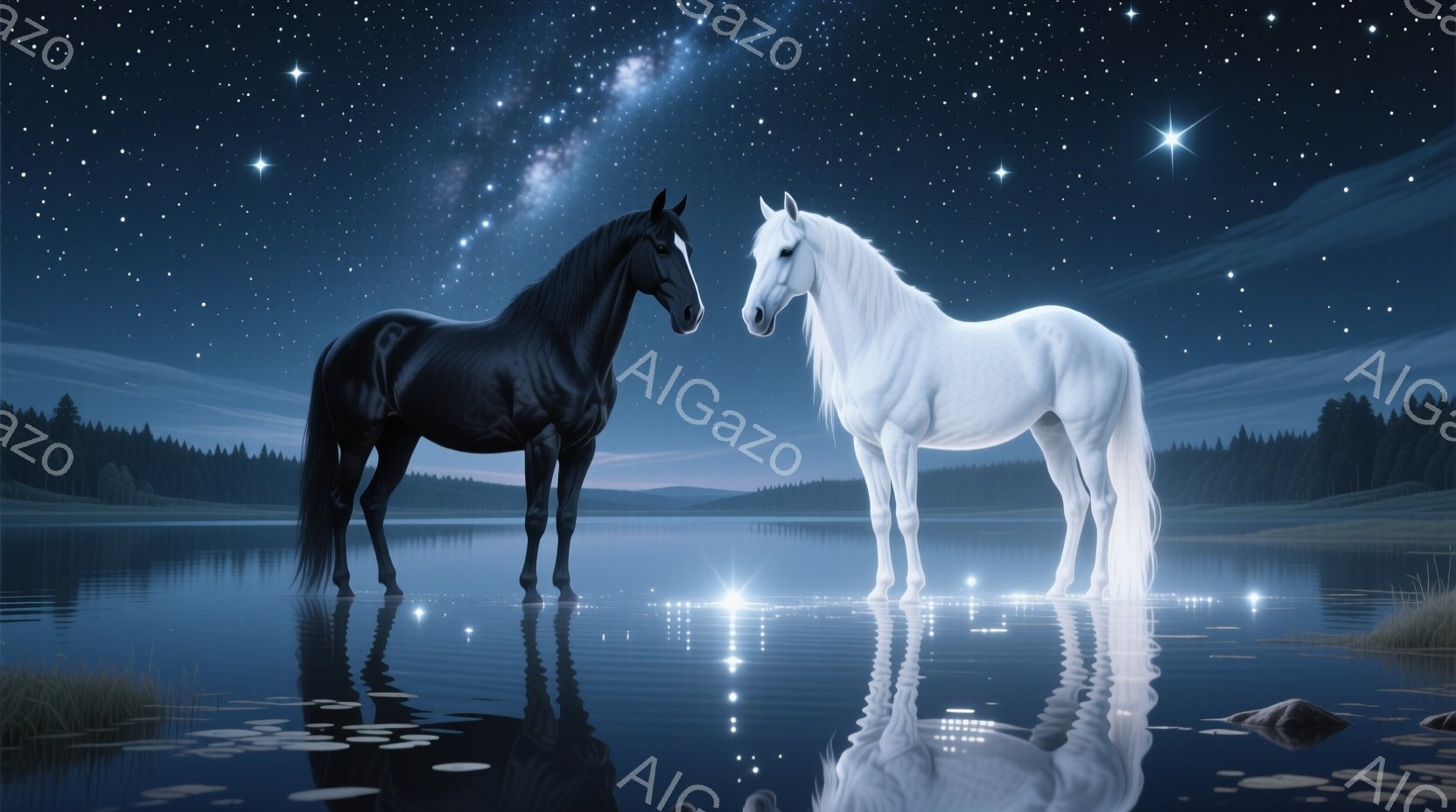 夜空の下、黒い馬と白い馬が水面に映る穏やかな湖のほとりで対峙している。星空が水面に反射し、幻想的な光の帯を作り出している。背景には暗いシルエットの木々と遠くの山々が広がり、静寂で神秘的な雰囲気を醸し出 - AI生成フリー素材