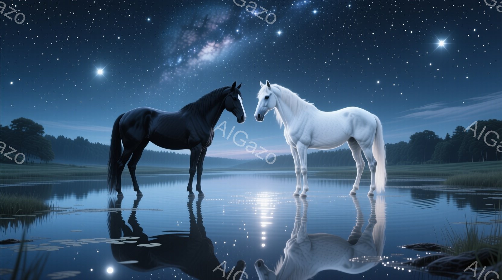 夜空の下、黒馬と白馬が水面に映る穏やかな光景が描かれている。馬たちは互いに向き合い、静かに佇み、水面には星空と馬たちの姿が鮮やかに映し出されている。背景には緑豊かな森林が広がり、夜空には無数の星が輝き - AI生成フリー素材