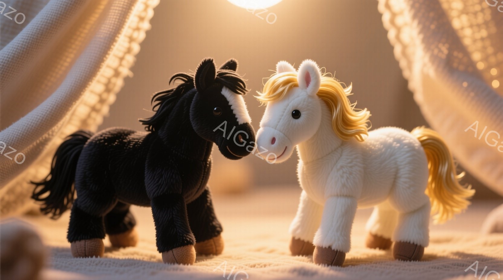 毛並みの良い黒と白の2匹のぬいぐるみ馬が写っています。馬たちは向かい合って立っており、白馬は金色のたてがみと尾を持ち、黒馬は濃い茶色の足元を持っています。背景は淡いベージュ色の布のようなもので、光が差 - AI生成フリー素材
