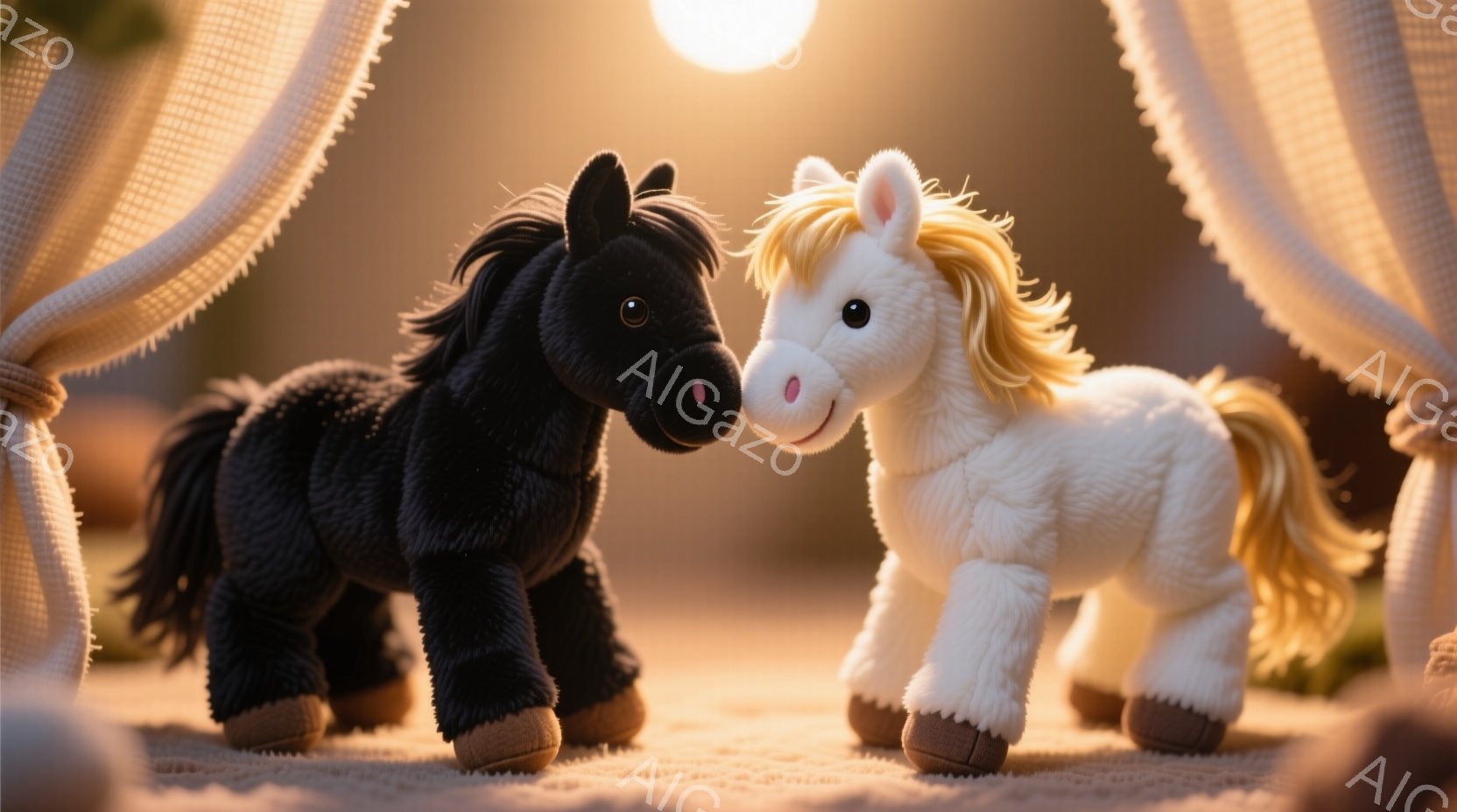 黒と白の2匹のぬいぐるみ馬が並んで立っています。背景には砂のような地面と、ぼやけた暖かい色の布のような装飾があり、日の光が差し込んでいます。全体的に、穏やかで温かい雰囲気で、優しい色調が印象的です。