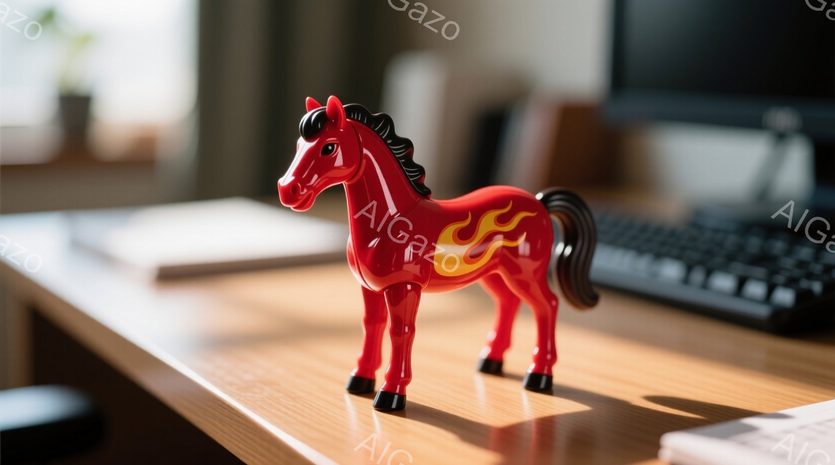 机の上に赤いおもちゃの馬が置かれています。馬の側面には炎のような模様があり、黒い鬣と尾が特徴的です。背景にはぼやけたキーボードや書類が見え、室内で撮影された写真であることがわかります。