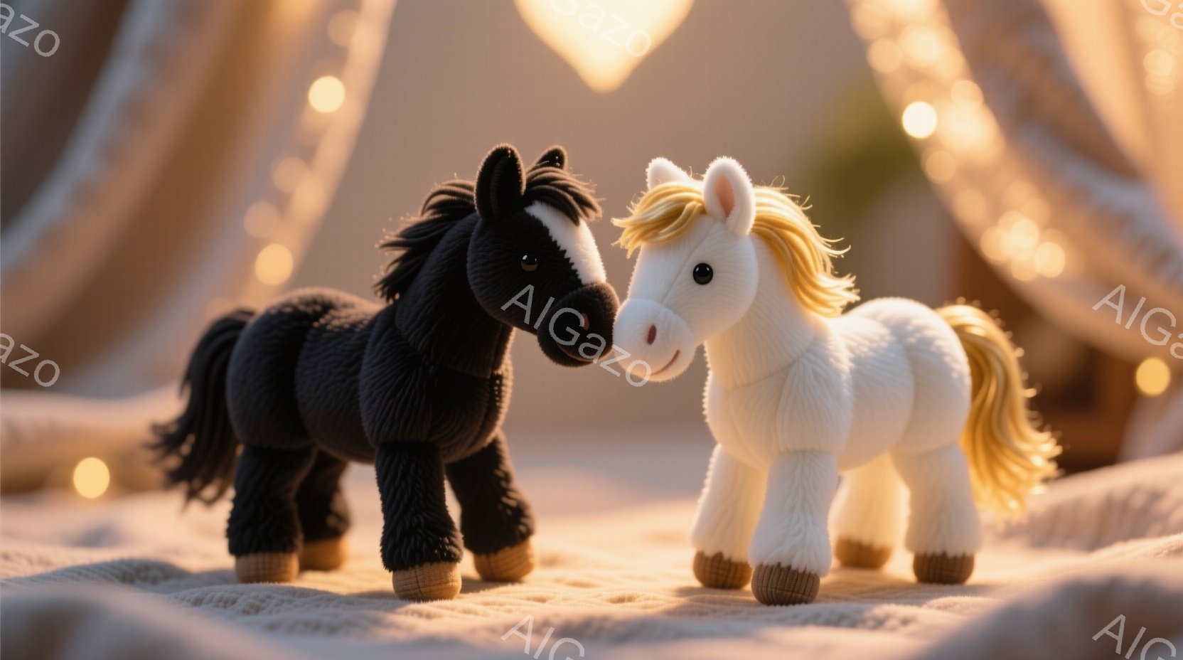 柔らかい毛並みの黒と白の2匹のぬいぐるみ馬が並んで立っています。背景にはぼんやりとしたベージュ色の布と、暖かい色の光が点在しており、心地よい雰囲気を醸し出しています。馬たちは前足をわずかに上げており、優しく寄り添うようなポーズをとっています。