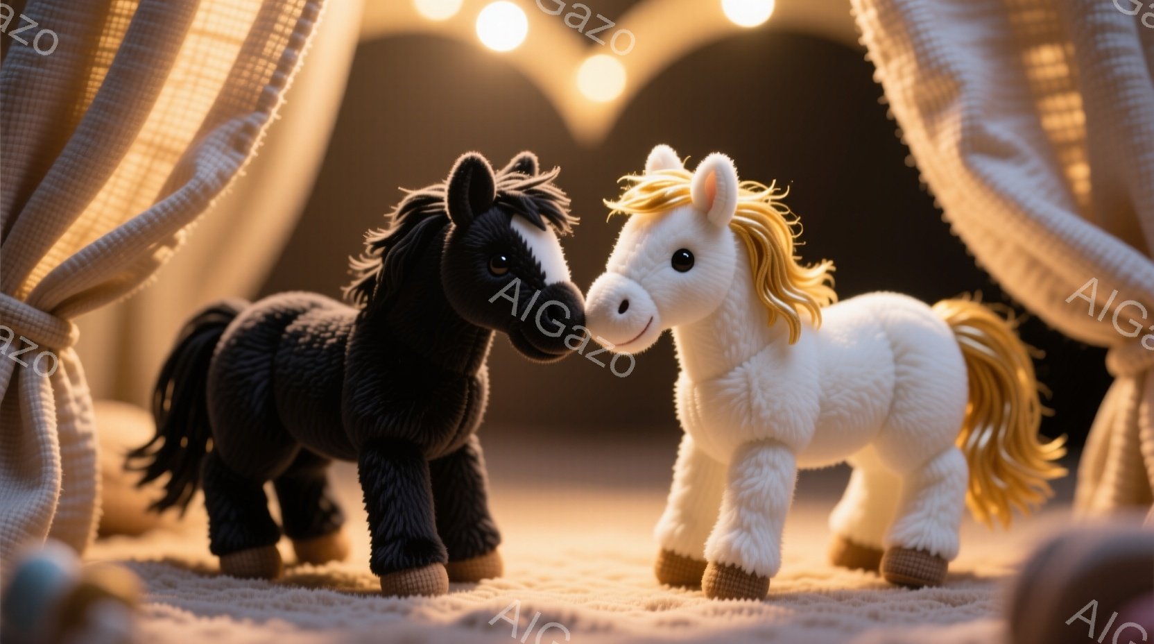 黒と白の2頭の毛並みの良い玩具の馬が、柔らかい光が差し込む室内で顔を寄せ合っています。背景にはベージュ色の布がドレープのように垂れ下がっており、暖かく親密な雰囲気を醸し出しています。馬たちは穏やかな表 - AI生成フリー素材