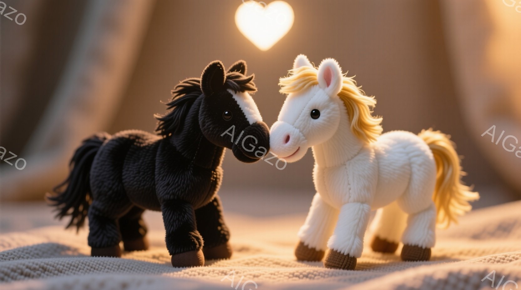 柔らかい毛並みの黒と白の2頭のぬいぐるみ馬が寄り添っている様子が写っている。背景は淡いベージュ色の布で、ぼんやりとしたハート型の光がぼやけている。温かく、優しい雰囲気で、馬たちは穏やかな表情で互いに向 - AI生成フリー素材