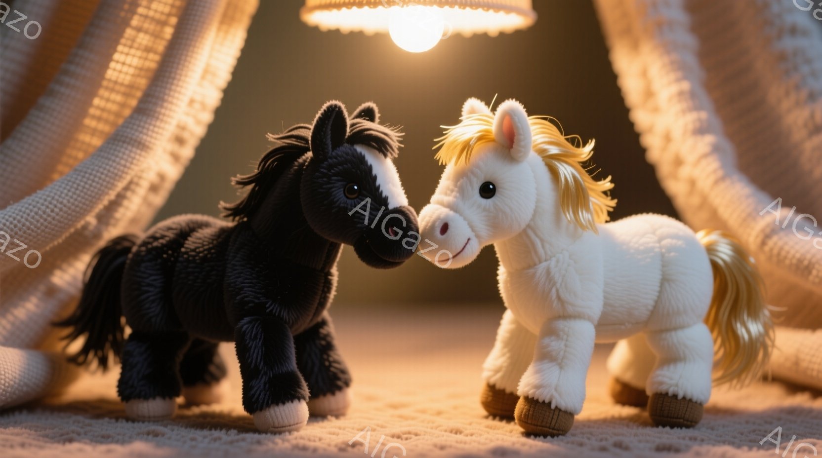 2匹のぬいぐるみ馬が、明るい茶色の表面の上でお互いに顔を寄せ合っています。1匹は黒く、もう1匹は白で、どちらも黄色い鬃毛を持っています。背景には、柔らかい光の中でゆるやかに巻かれたクリーム色の布が見え、全体的に暖かく、優しい雰囲気が漂っています。