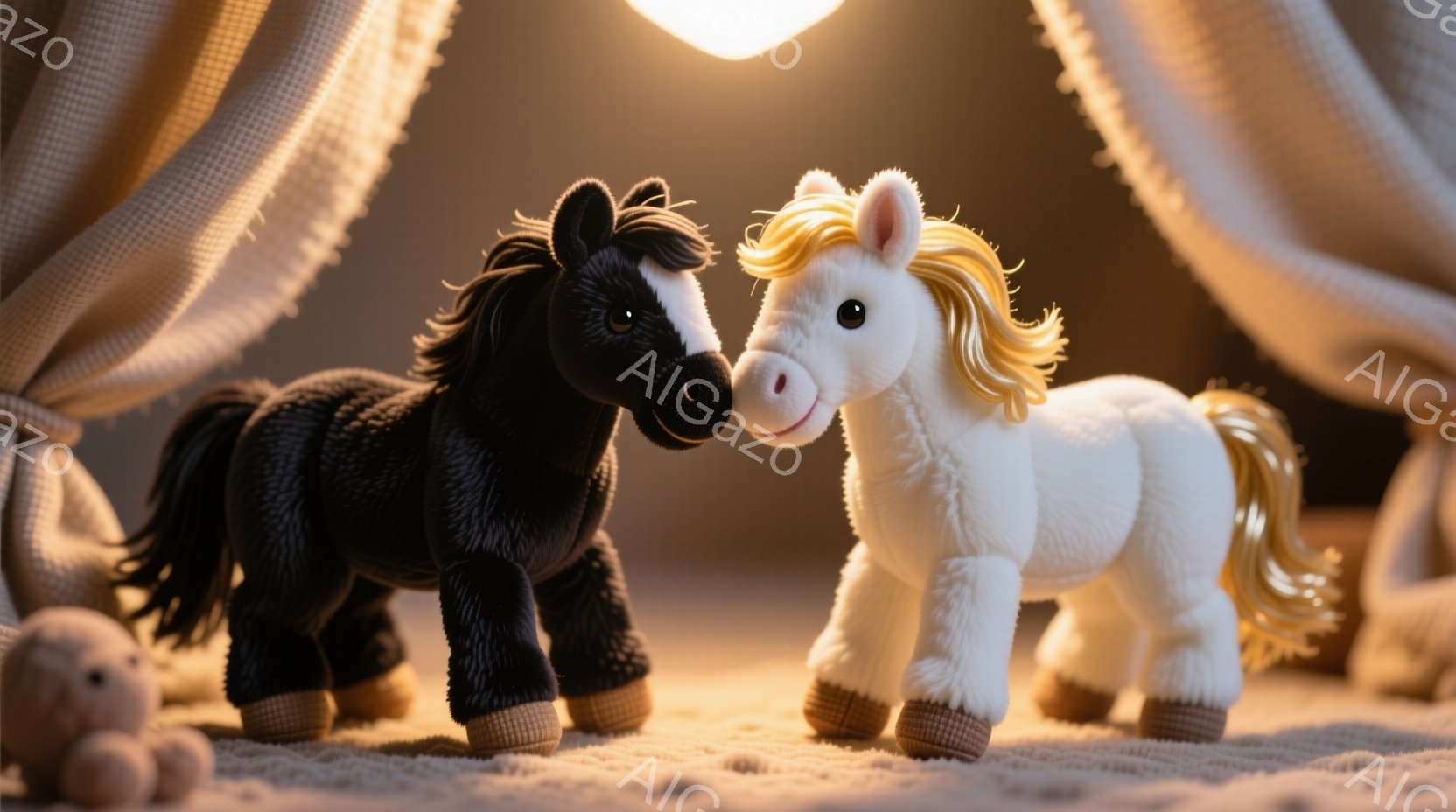 柔らかい照明の下、黒と白の2匹のぬいぐるみ馬が寄り添っている様子が描かれている。背景には、柔らかい生地のようなものがドレープ状に配置され、温かみのある雰囲気を作り出している。馬たちは穏やかな表情で、親 - AI生成フリー素材