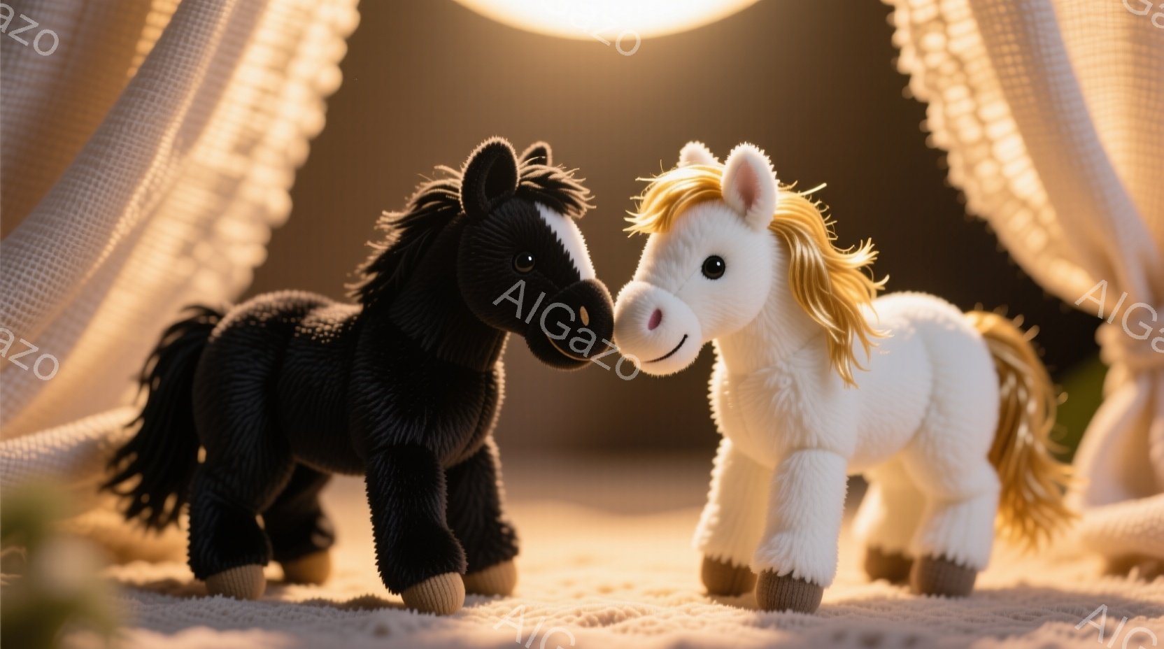 黒と白のふわふわした馬のぬいぐるみ2匹が互いに鼻を合わせ、寄り添うように立っています。背景は明るいベージュ色の布で、上部はぼんやりとした光で照らされています。温かく、穏やかな雰囲気で、ぬいぐるみの柔ら - AI生成フリー素材