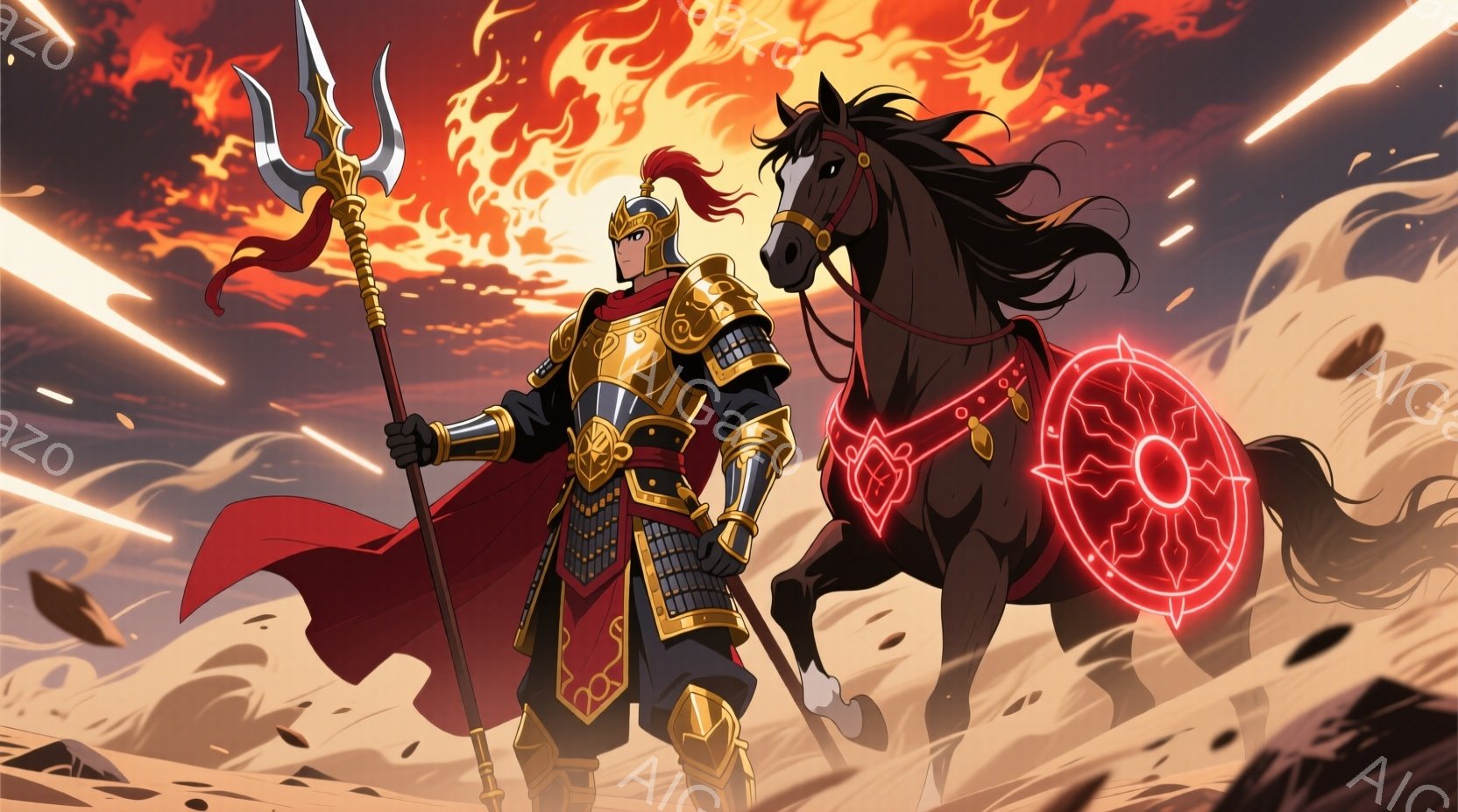 騎士が赤と金色の装備を身につけ、馬に乗り、火の海を飛び越える。