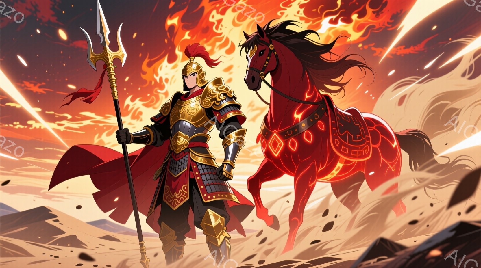 鮮やかな赤色のマントを翻し、金色の鎧を身に着けた戦士が描かれています。彼は槍を手に、自信に満ちた表情で前を見据え、力強い姿勢を保っています。背景には燃え盛る炎と荒涼とした大地が広がり、戦士の勇猛さと激しい戦いの雰囲気を強調しています。