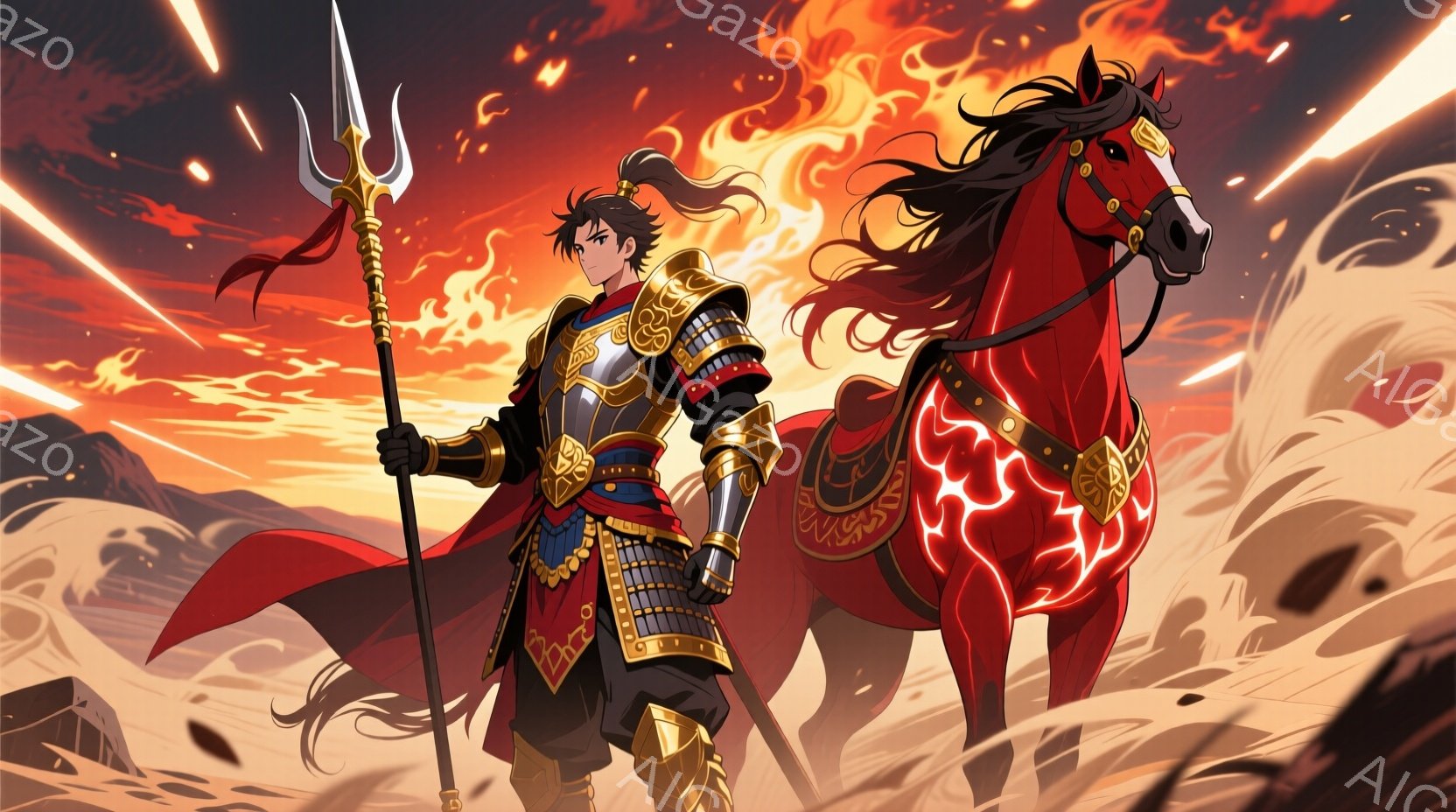 鮮やかな赤色の背景に、武具を身につけた男性と赤い馬が描かれている。男性は黒髪を後ろで束ね、金と黒の鎧を着用し、手に槍を持っている。馬は力強く疾走し、鎧には複雑な模様が描かれており、全体的に激しく情熱的な雰囲気を醸し出している。