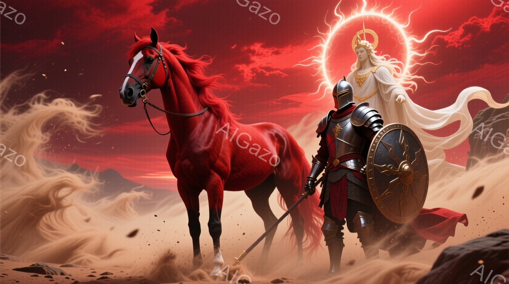燃えるような赤色の馬が砂漠を駆けている様子で、その前に鎧を身に着けた騎士が立っている。騎士は黒と金色の装飾が施された鎧を着用し、手には槍と盾を持っている。背景には燃え盛るような赤い空と、砂嵐のような赤 - AI生成フリー素材