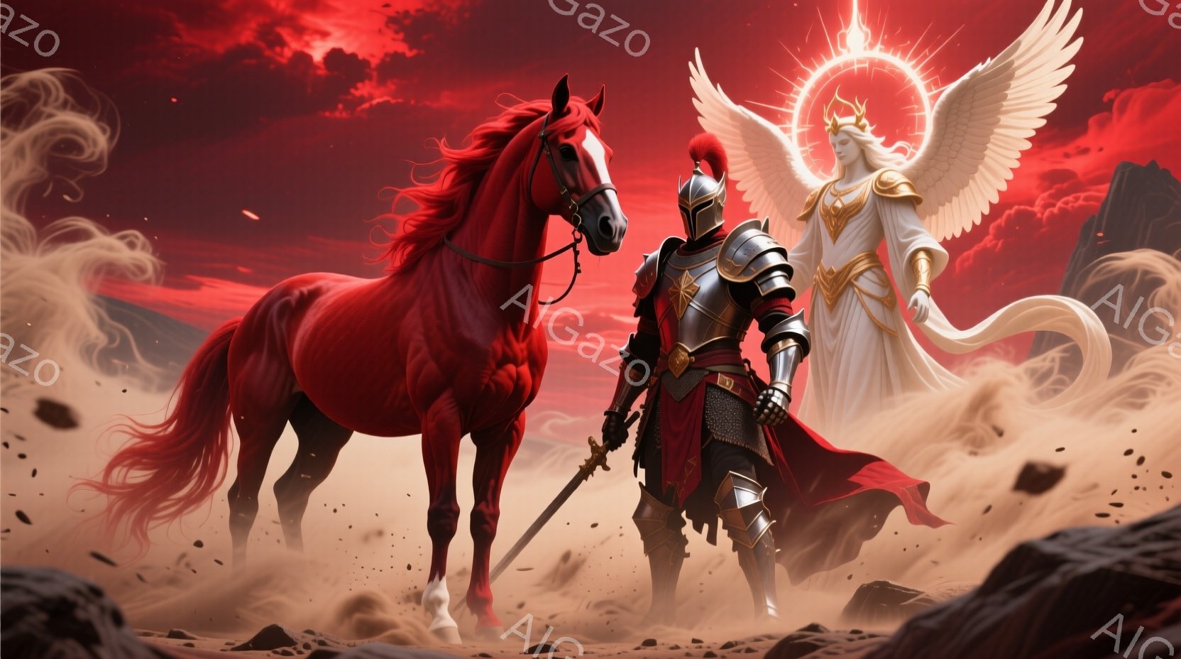 深紅の馬が荒野を闊歩し、その背後には全身鎧を身につけた騎士が剣を構え立っている。騎士は金色の装飾が施された黒い鎧を着用し、赤色のマントを翻している。背景には不気味な赤い空と岩山が広がり、聖なる光輪を背 - AI生成フリー素材
