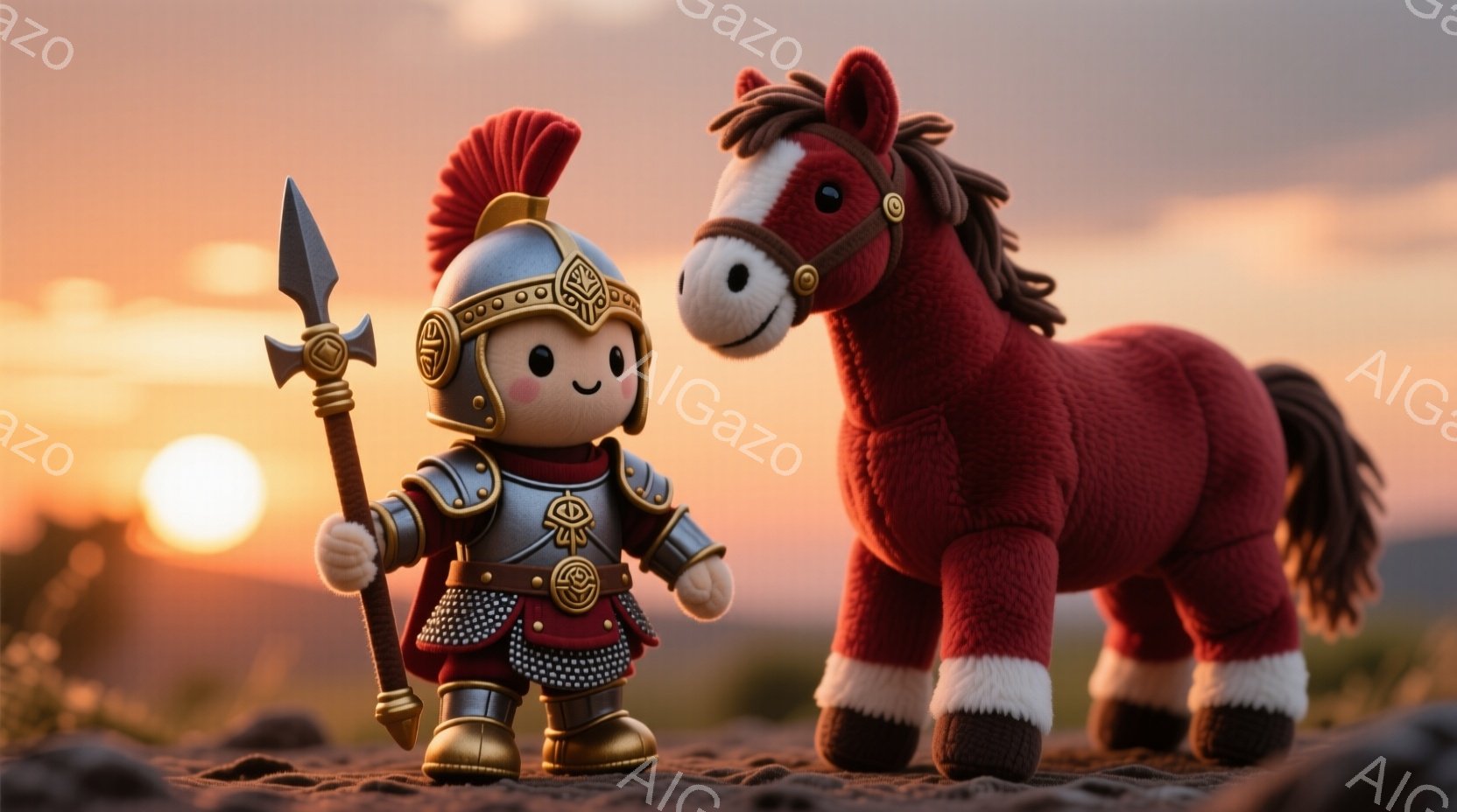 小さな兵士の人形が、金色の装飾が施された赤い鎧とヘルメットを身に着け、槍を手にしています。背景には、夕焼けに照らされた丘陵地帯が広がり、温かいオレンジ色の光が全体を包み込んでいます。兵士の隣には、毛並みの美しい茶色の毛並みのぬいぐるみ馬がおり、穏やかで牧歌的な雰囲気を醸し出しています。