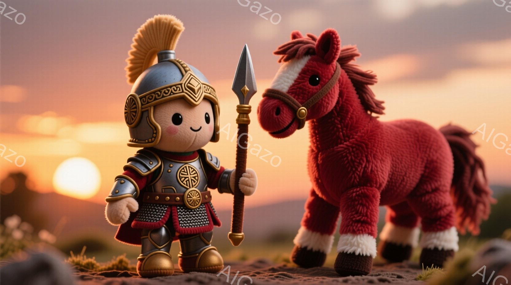 古代ローマ兵士風の小さな人形が、赤色の毛並みのテディベアの隣に立っています。人形は、金色のヘルメットと鎧、赤いマントを身につけ、手には槍を持っています。背景には夕焼け空と、茶色い地面とわずかな草が生えた風景が広がっており、温かく穏やかな雰囲気が漂っています。